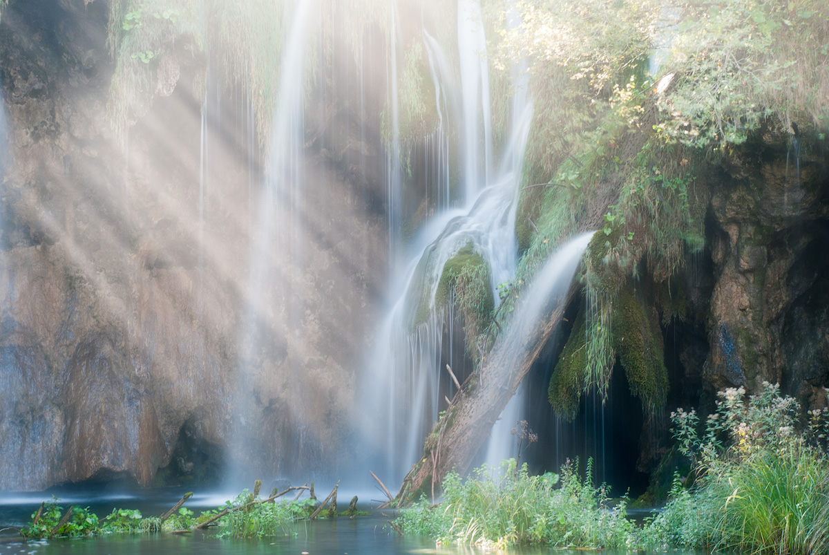 waterfall with light rays