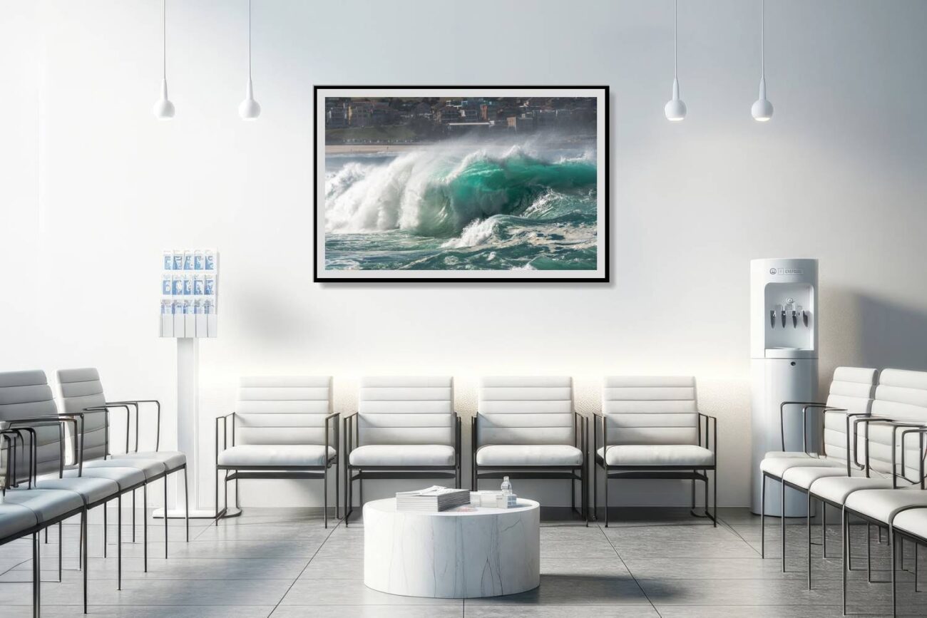 Wave photography from Bondi Beach, featuring a majestic green wave for ocean art.