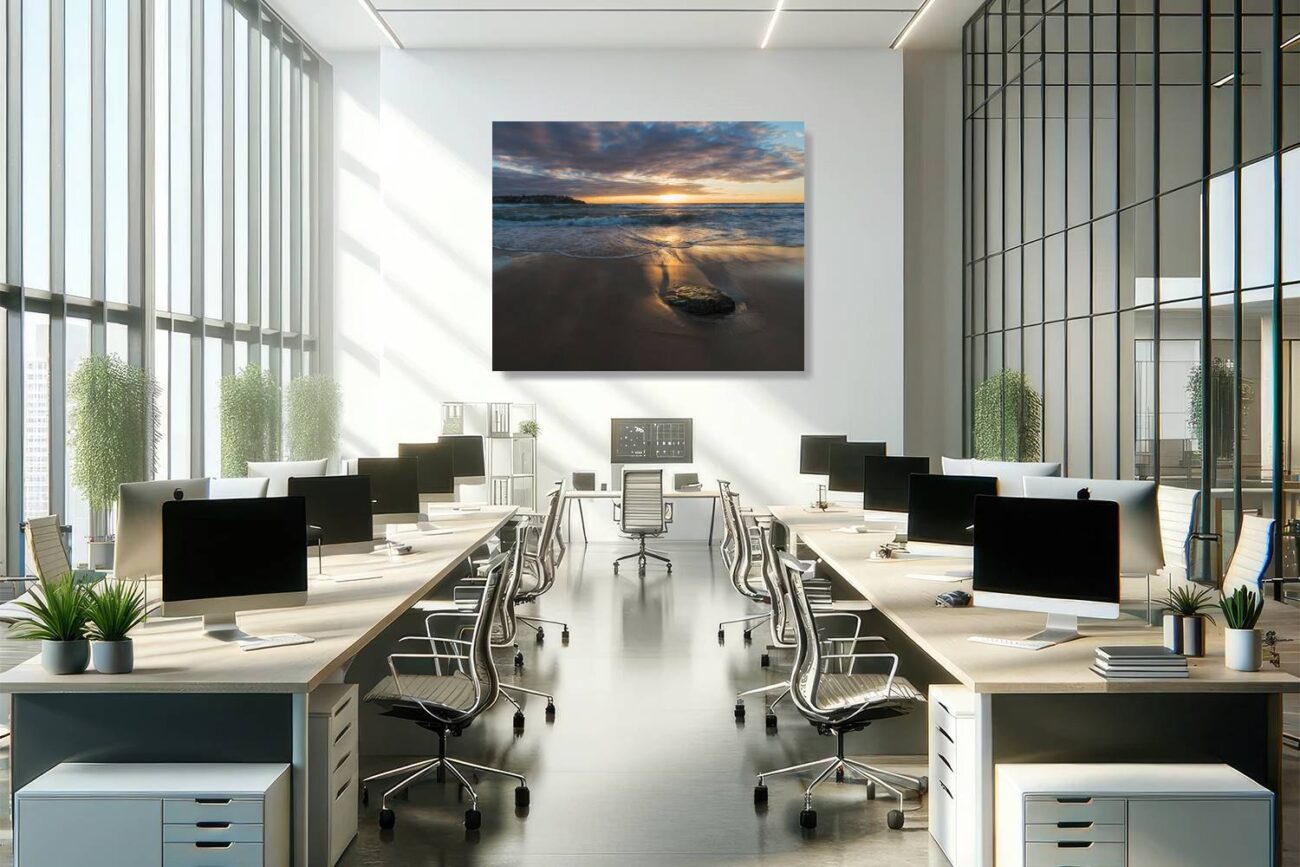 Office metal art illustrates the first light of sunrise at Bondi Beach, capturing the beach in a golden hue. This piece adds a touch of elegance and tranquility to the workspace, inspiring a sense of calmness and the beauty of nature's daily rebirth.