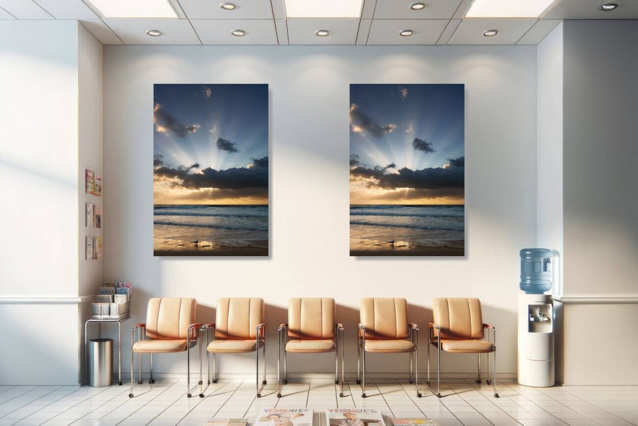 In the medical office, framed zen art captures the seagull at Bronte Beach observing the sun's rays through the clouds. This artwork adds a peaceful and meditative element to the environment, aiding in creating a soothing atmosphere for patients and staff, promoting relaxation and well-being.