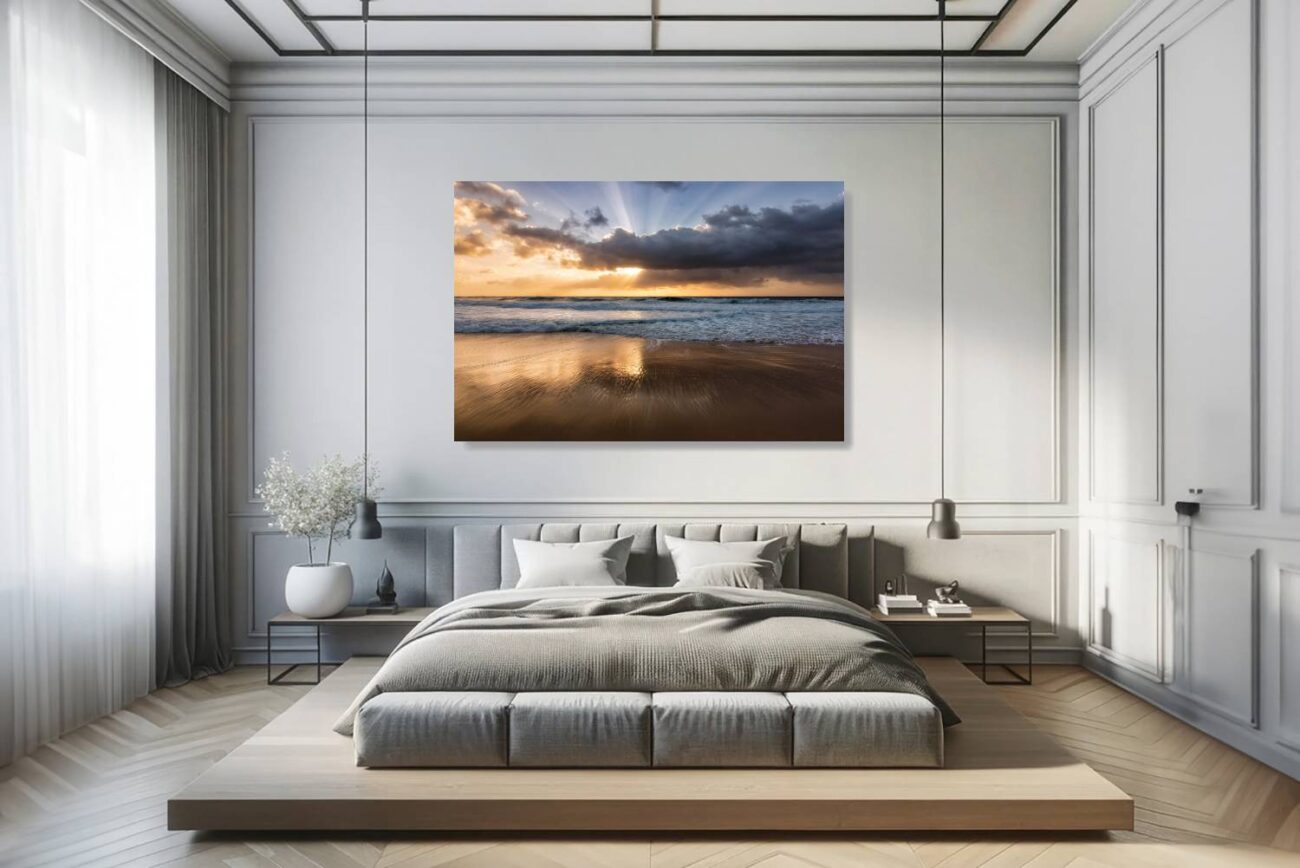 In the bedroom, canvas art depicts the early morning sunbeams over Bronte Beach, presenting a tranquil sunrise scene that promotes relaxation and inspiration. This artwork brings the calming essence of the beach at dawn into the room, ideal for creating a restful environment.