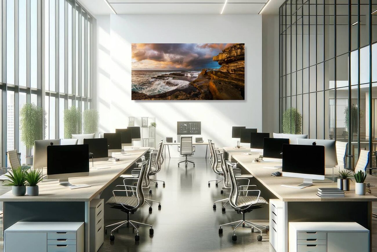 Office metal art illustrates the dramatic scene at Clovelly Beach, with the golden sunlight transforming the tumultuous waves and rocky terrain under a stormy sky. This piece adds a dynamic and inspiring element to the workspace, encouraging creativity and a connection to the awe-inspiring aspects of nature.