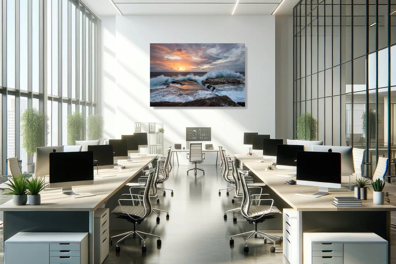 Office metal art illustrates the "Dawn Chorus" at Clovelly Beach, capturing the powerful waves and glowing sunrise. This artwork inspires motivation and reflection, adding a touch of nature's majesty and the promise of a new day to the workspace.