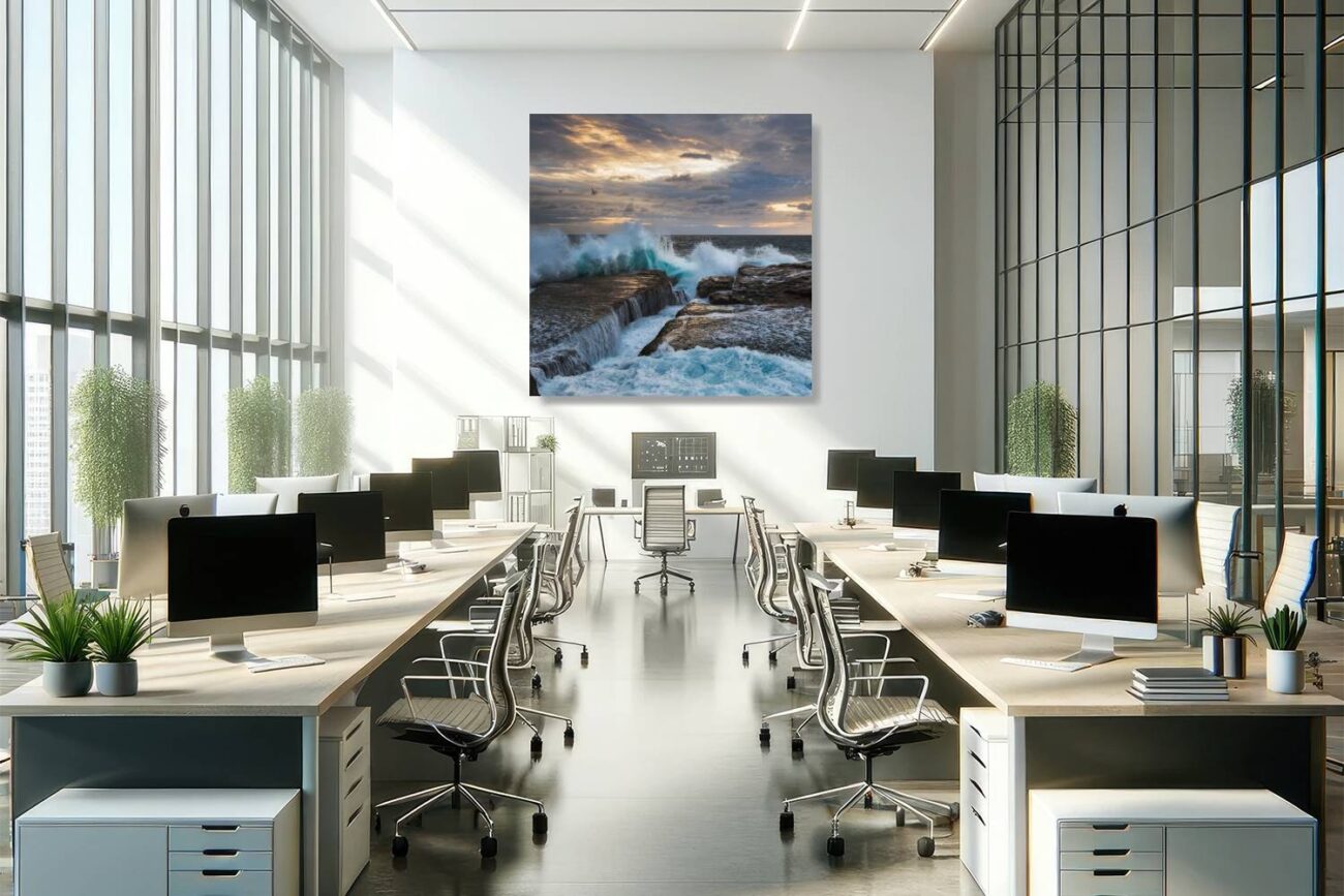 Office metal art presents "Gulls in the Glowing Gale," depicting the seagulls' graceful flight over the dramatic sunrise scene at Clovelly Beach. This artwork inspires a sense of liberation and wonder, adding a touch of natural elegance and vitality to the workspace.