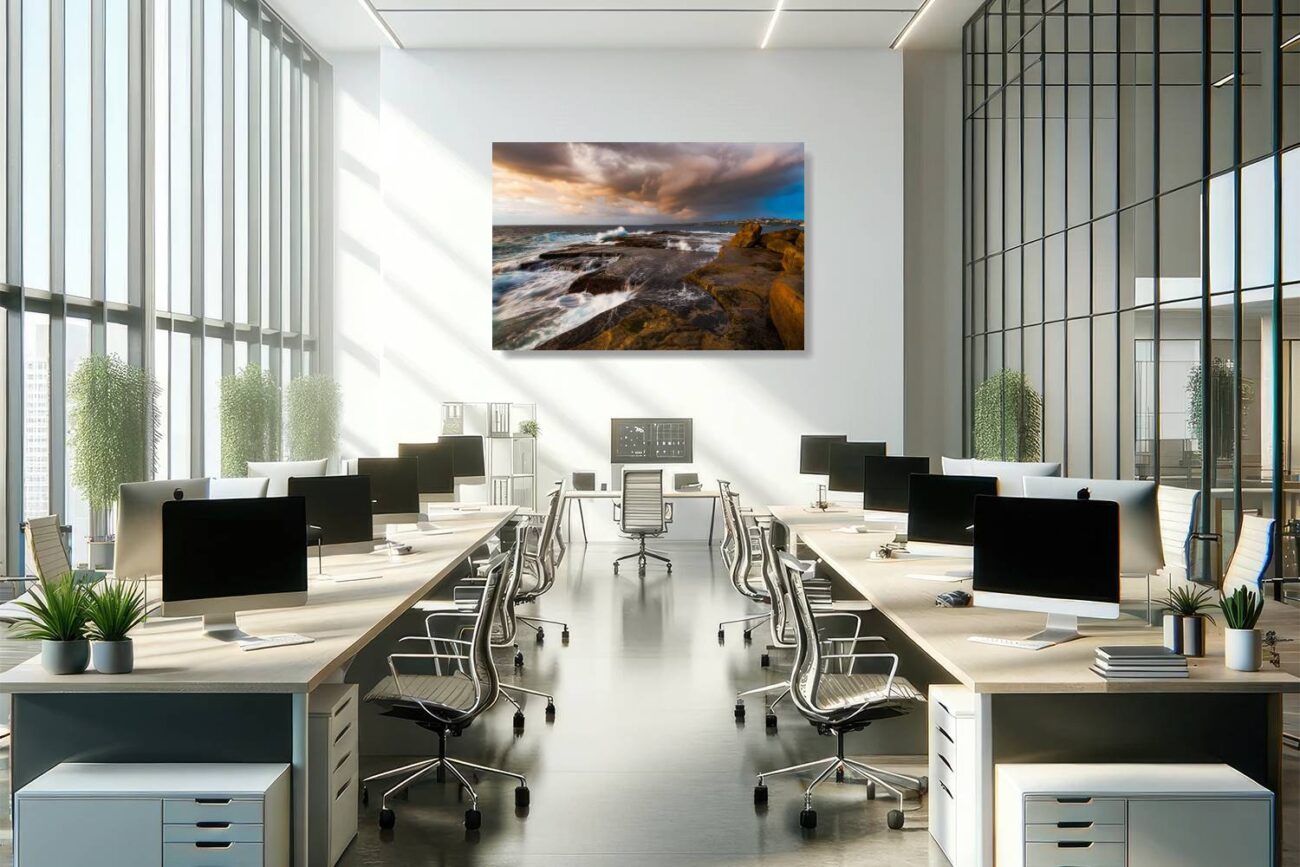 Office metal art illustrates the moment the first light pierces through storm clouds at Clovelly Beach, showcasing the dynamic relationship between the sea and the land. This artwork inspires reflection and a deep appreciation for nature's power, adding a compelling and thought-provoking element to the workspace.