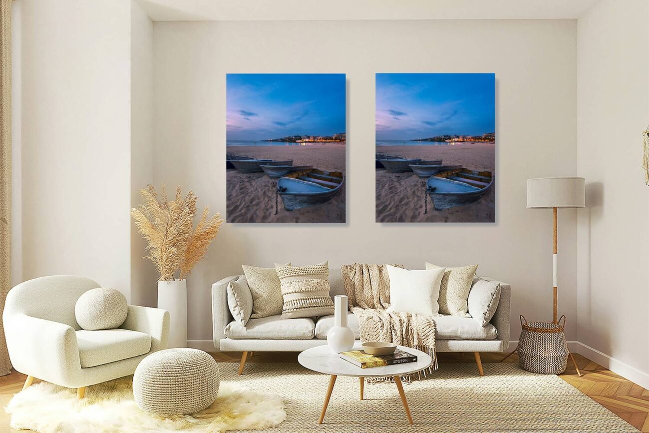 Coogee Beach at dawn, pastel sky above a serene marina, perfect for tranquil wall art.