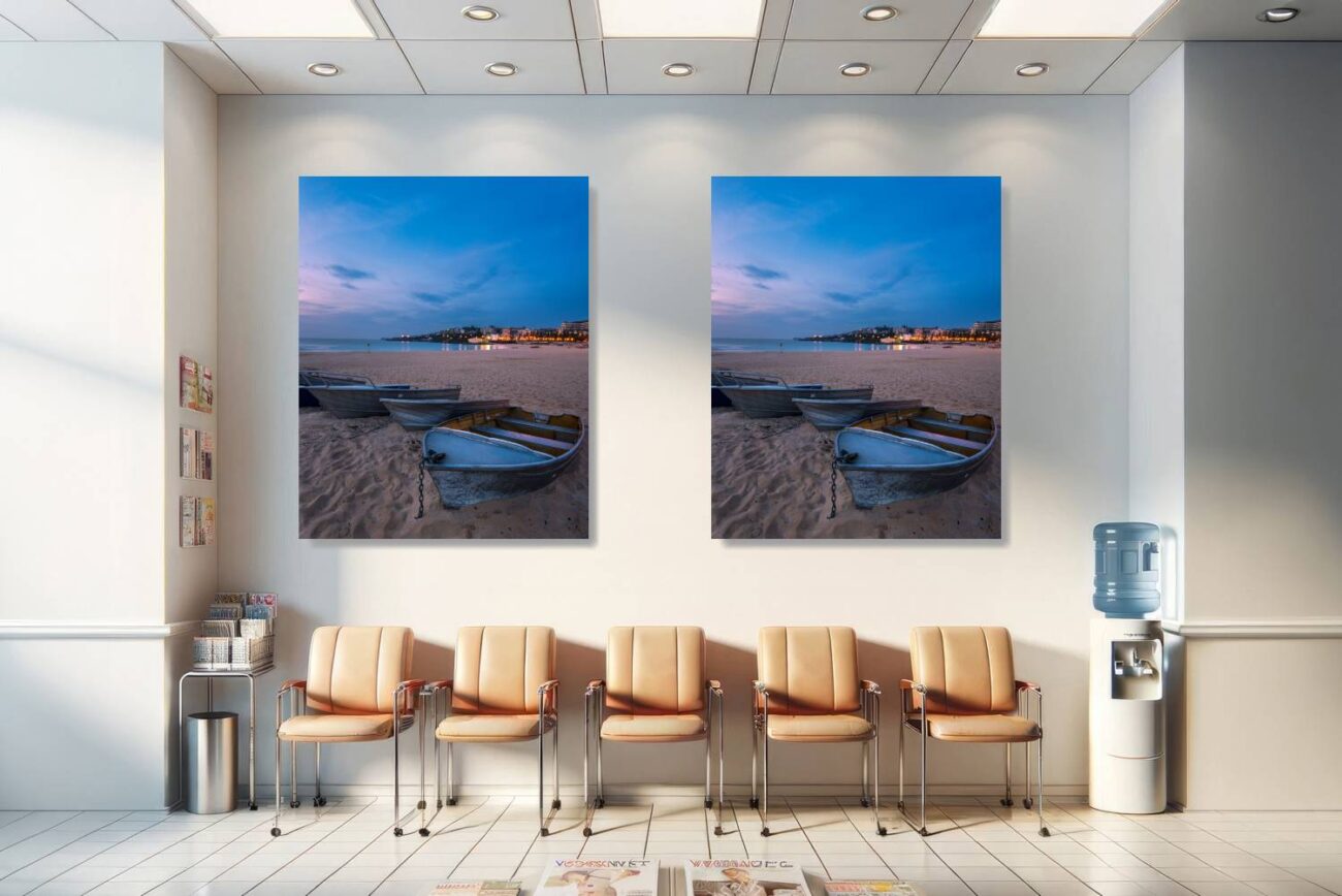 Tranquil marina scene at Coogee Beach during dawn with pastel hues, suitable for calming wall art.