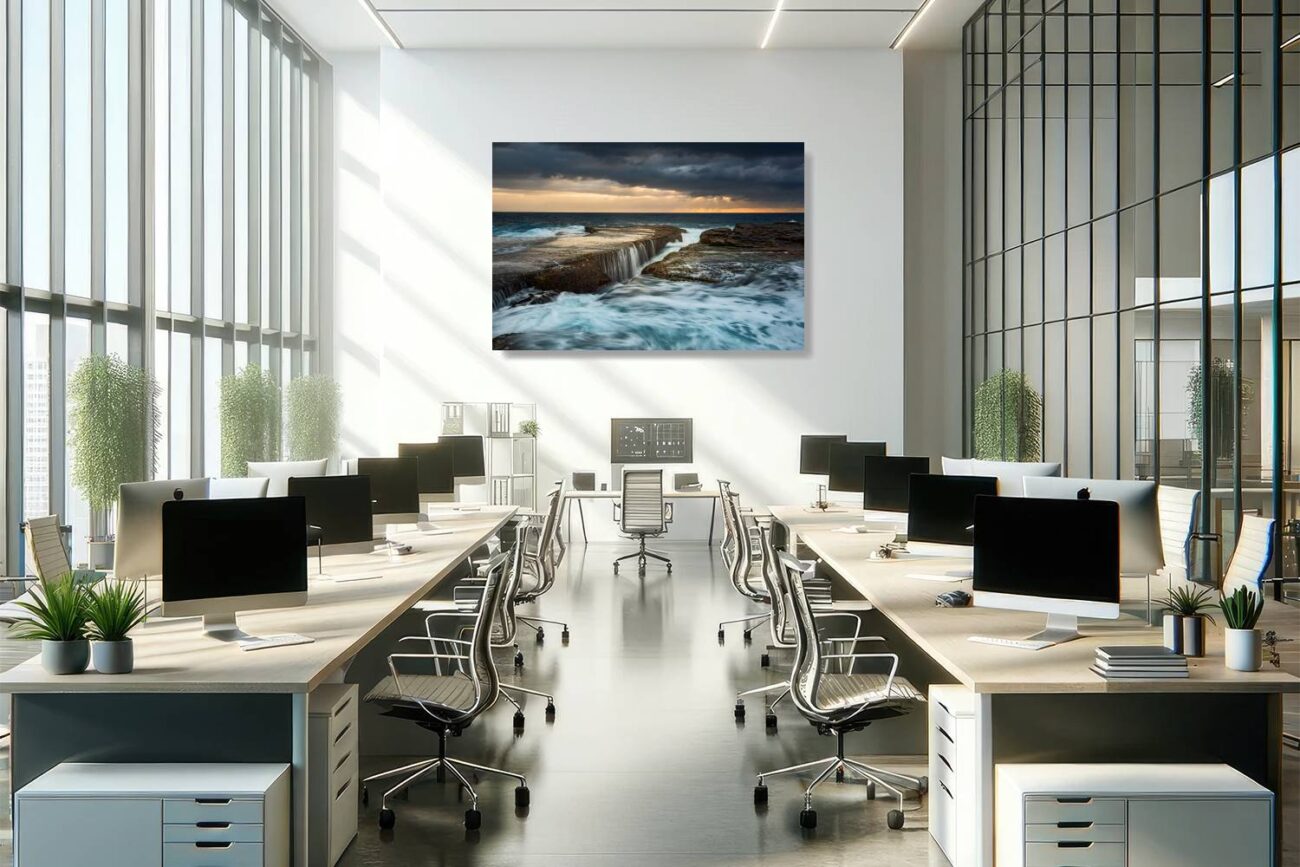 Office metal art illustrates the sunrise at Clovelly Beach, capturing the dramatic essence of crashing waves. This piece, ideal as storm artwork or an elegant wall accent, infuses the workspace with a sense of power and beauty, inspiring awe and respect for the natural world.