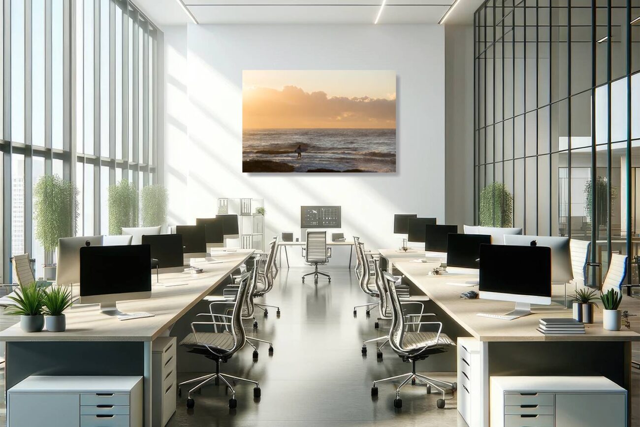 Office metal art illustrates the tranquil scene of a lone surfer at Tamarama Beach during sunrise, enveloped in golden hues. This calming minimalist artwork adds a touch of peacefulness and simplicity to the workspace, inspiring reflection and a connection to nature.