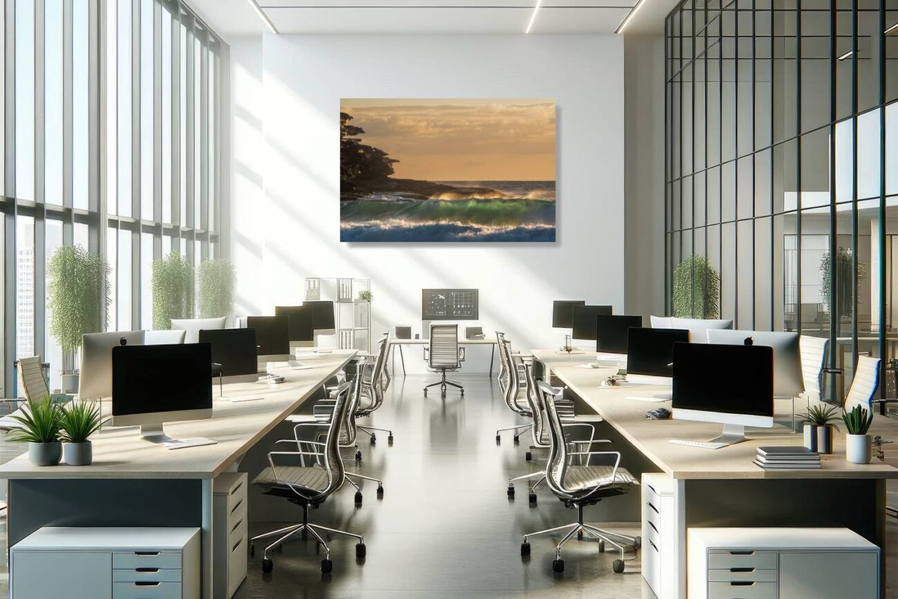 Office metal art illustrates the sculptural beauty of rocky cliffs at Tamarama Beach, silhouetted against the rising sun. This wave art piece infuses the workspace with inspiration and the majestic beauty of the coastal landscape, fostering a creative and tranquil environment.