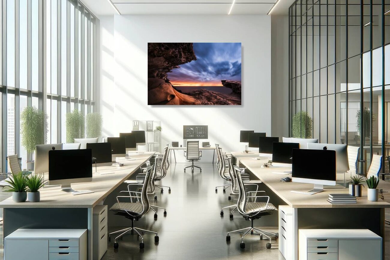 Office metal art features the striking rock formation at Tamarama Beach, encapsulating the twilight sky and marking the passage from day to night. This artwork inspires contemplation and a deep appreciation for nature's artistry, enhancing the workspace with a touch of natural elegance and mystery.