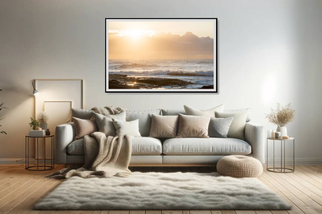 The living room features "Vibes of Abundance," an artwork capturing the sunrise at Tamarama Beach, where a flood of golden light brings positive energy. This piece enhances the space with its radiant warmth and the promise of a new day, inviting a sense of optimism and natural beauty.