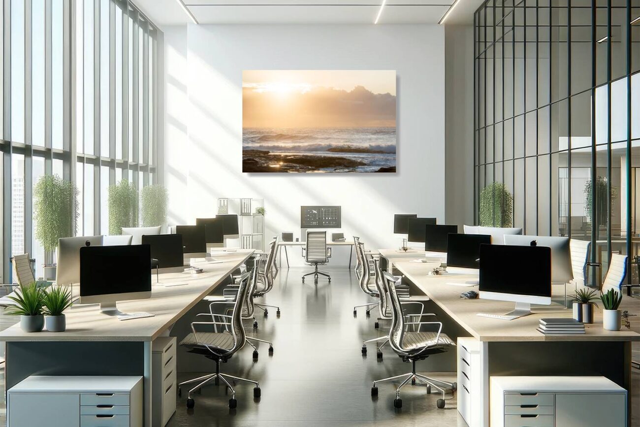 Office metal art features "Vibes of Abundance," illustrating the golden sunrise at Tamarama Beach. This artwork infuses the workspace with a sense of positivity and abundance, inspiring motivation and a connection to the revitalizing energy of nature.