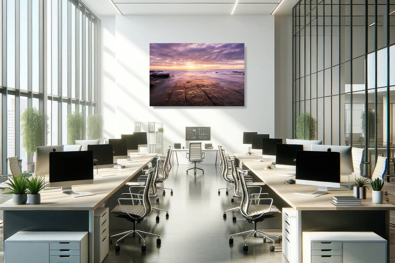 Office art: Bulgo Beach at sunrise, showcasing Apollo's glory in orange and lavender, vibrant and inspiring wall art for the office.