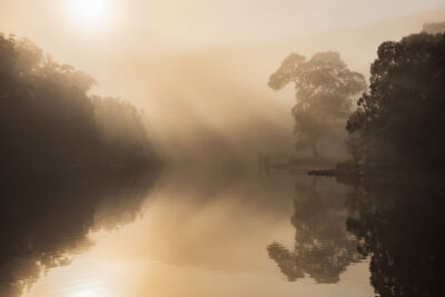 Early morning light bathes Audley Weir in a soft 'Golden Mist' in this peaceful audley weir photo.