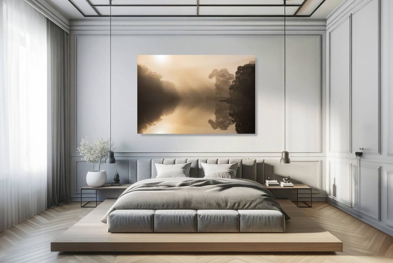 Bedroom art: Tranquil photo of Audley Weir in 'Golden Mist,' early morning light creating a serene atmosphere for bedroom relaxation.