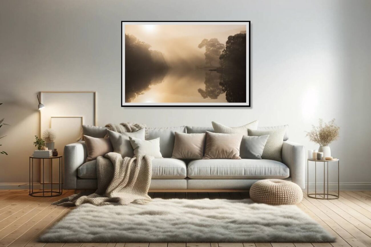 Living room art: "Golden Mist" at Audley Weir, early morning light bathing the scene in soft hues, perfect for peaceful living room decor.