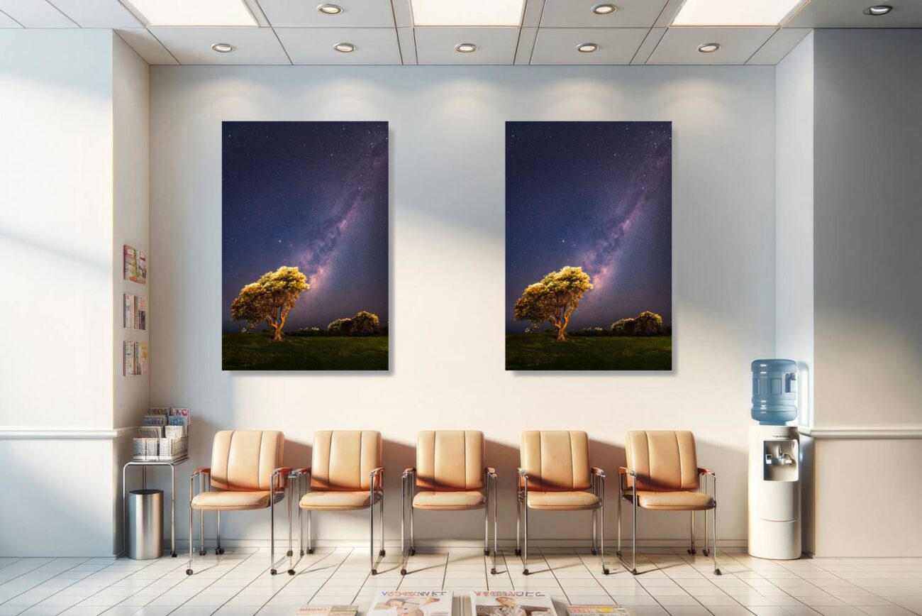 Medical office art: Serene tree art "Knocking on Heaven's Door," a lone tree under Clovelly's star-filled sky.