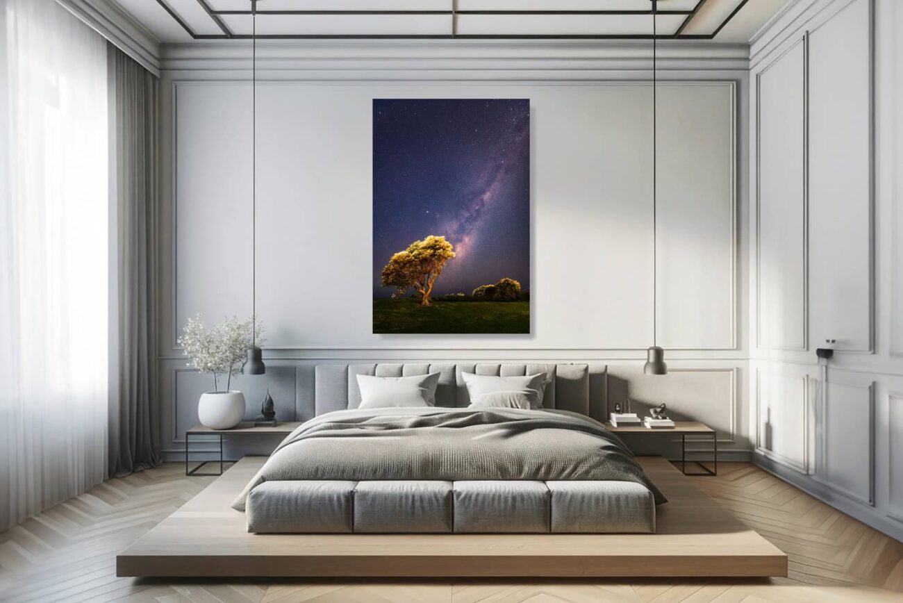 Bedroom art: Star-filled sky over a lone tree at Burrows Park in "Knocking on Heaven's Door," tranquil bedroom decor.