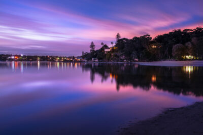 Magenta twilight skies over the tranquil Georges River at Darook Park Cronulla, perfect for zen wall art.