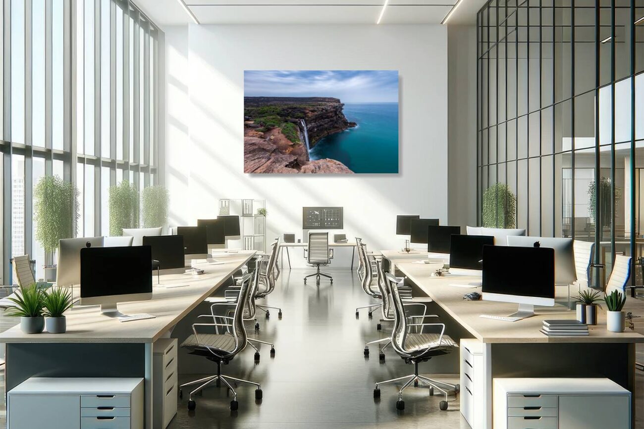 Office art: The rugged beauty of Eagle Rock, where a waterfall meets the sea, captured in an inspiring office art piece.