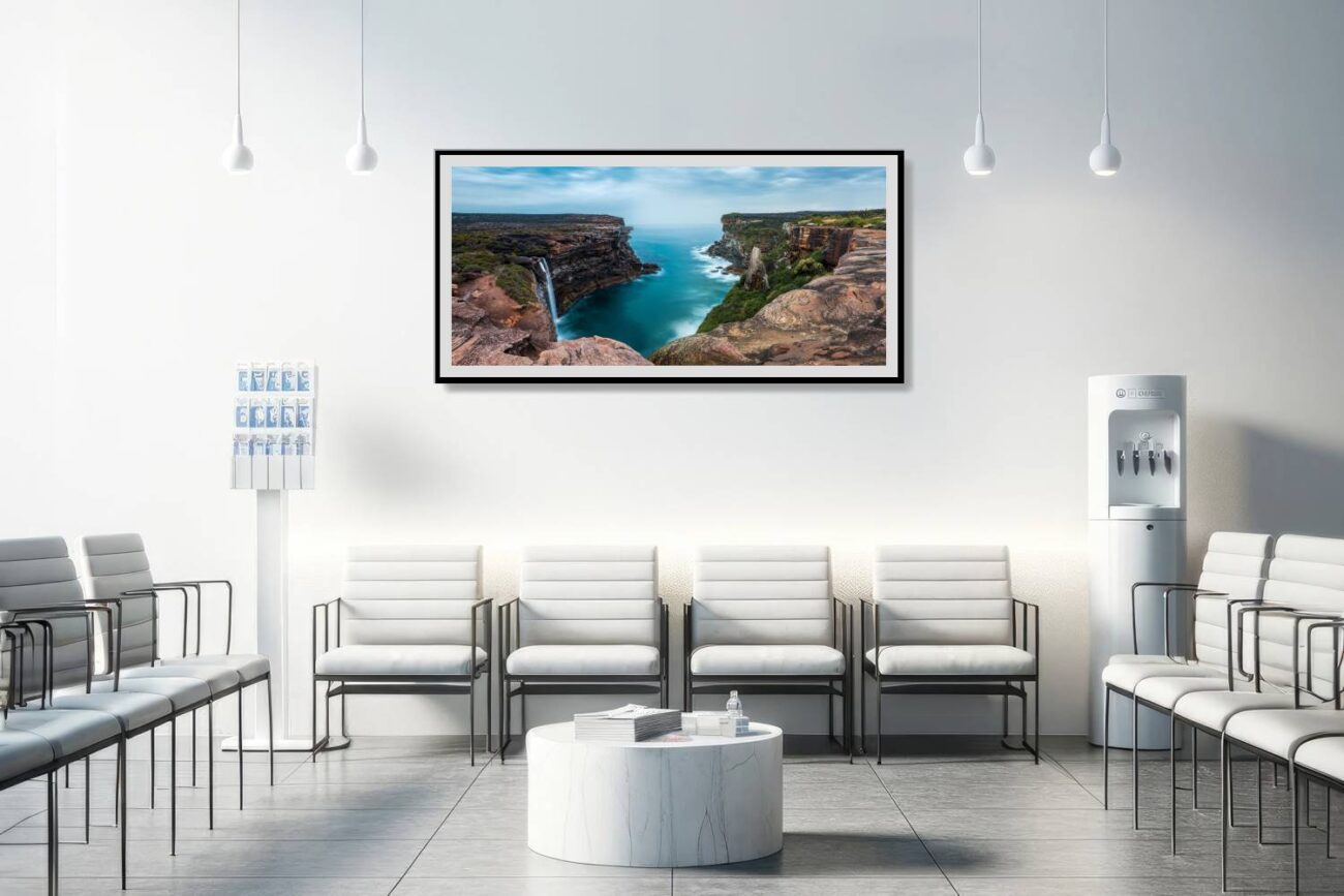 Medical office art: Tranquil artwork of Eagle Rock, where the turquoise sea merges with the sky, soothing for medical settings.