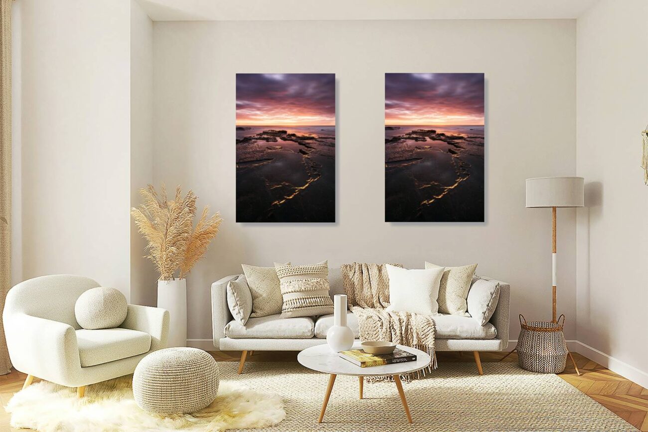Living room art: Golden light tracing patterns in the rocks at Bulgo Beach during sunrise, a captivating piece for the living room. Amber wall art.
