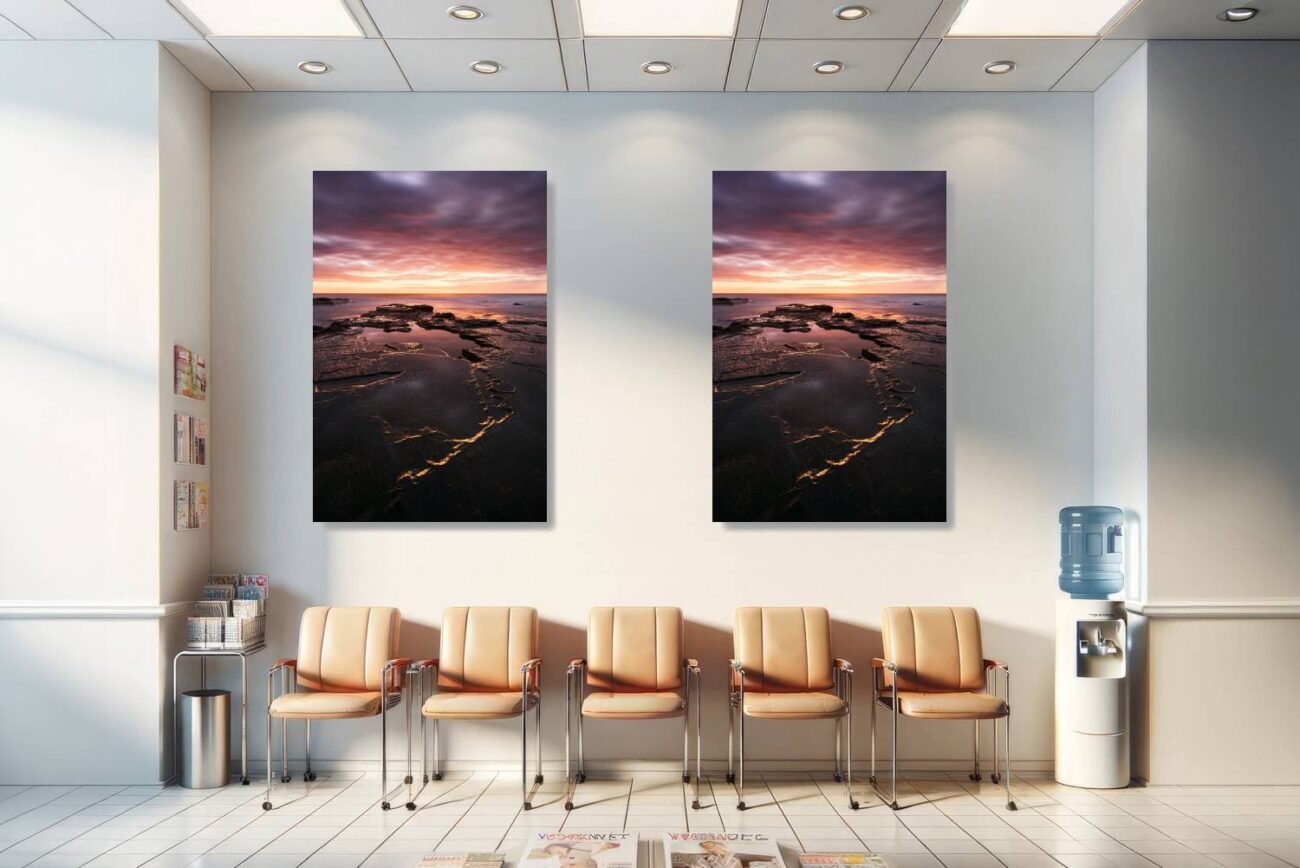Medical office art: Golden sunrise at Bulgo Beach, light tracing patterns in rocks, soothing and uplifting for medical environments.