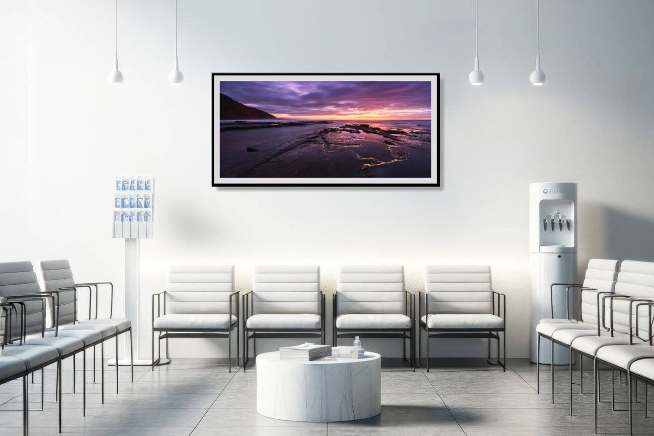 Medical office art: Tranquil sunrise art from Bulgo Beach, featuring pink and purple hues and symmetrical water reflections, soothing for medical settings.