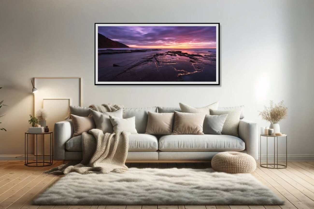 Living room art: Pink and purple sunrise at Bulgo Beach, reflecting symmetry over calm waters, perfect for vibrant living room decor. Dark violet wall art.