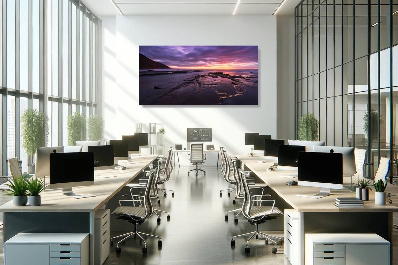 Office art: Bulgo Beach at sunrise, with pink and purple reflections creating symmetry over calm waters, enhancing office aesthetics. Purple wall art.