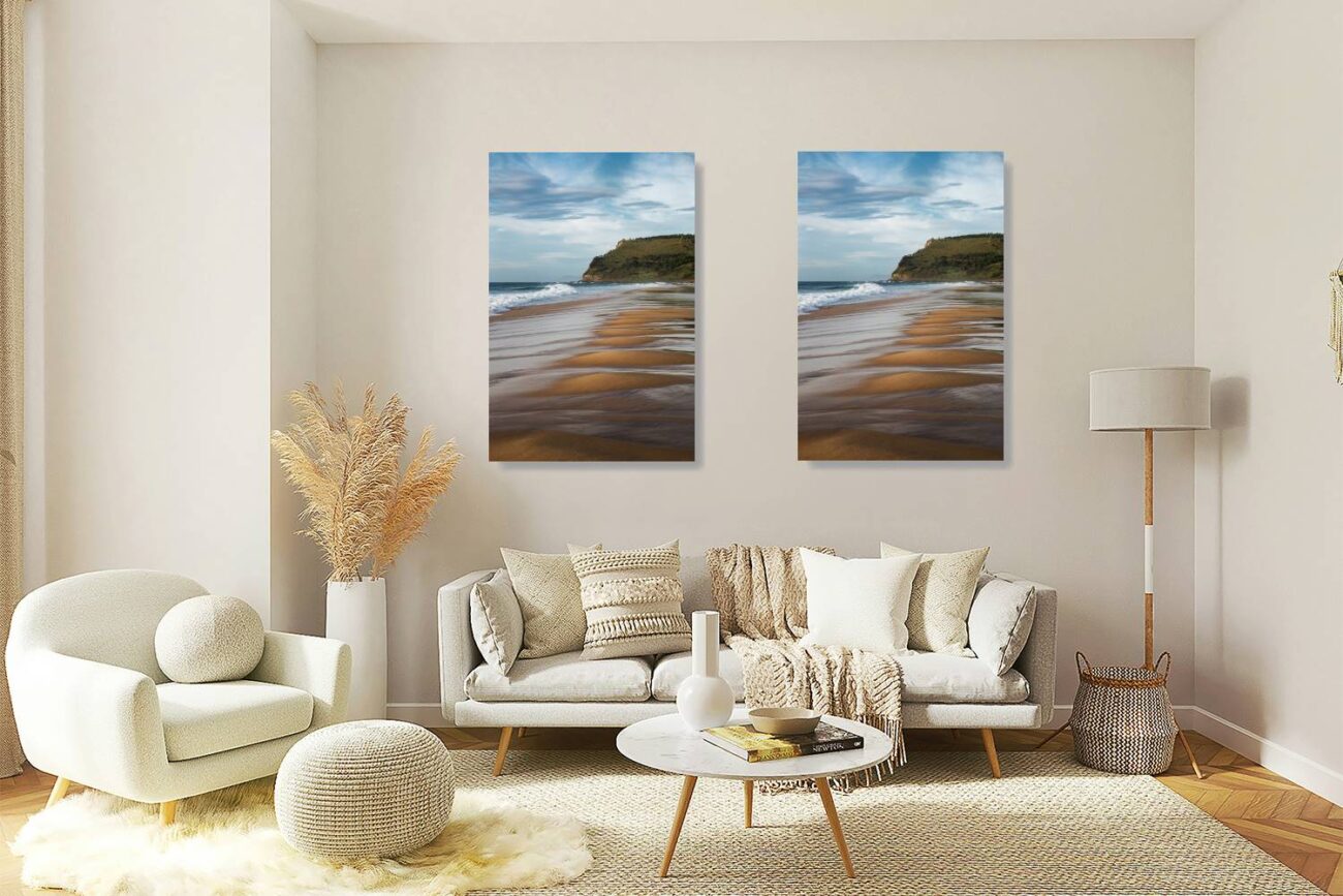Living room art: Dynamic beach art print of retreating tide at Garie Beach, leaving waves in the sand.