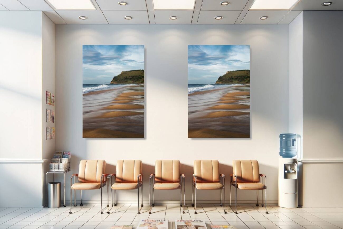 Medical office art: Beach art print featuring waves in the sand at Garie Beach after the tide, calming for medical spaces.