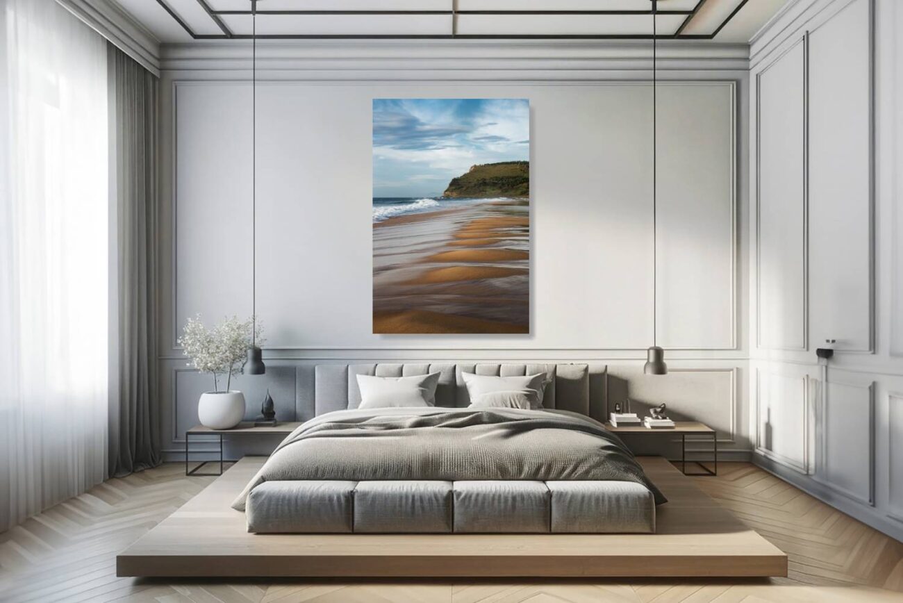 Bedroom art: Garie Beach's retreating tide leaves sand waves, captured in a soothing beach art print for the bedroom.