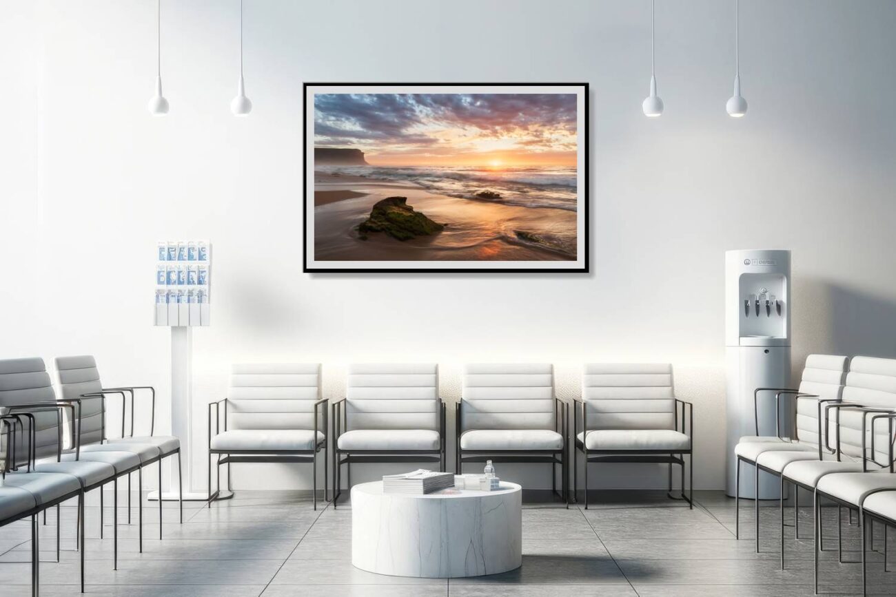 Medical office art: Tranquil beach landscape of Garie Beach in the golden sunrise light, soothing for medical environments.