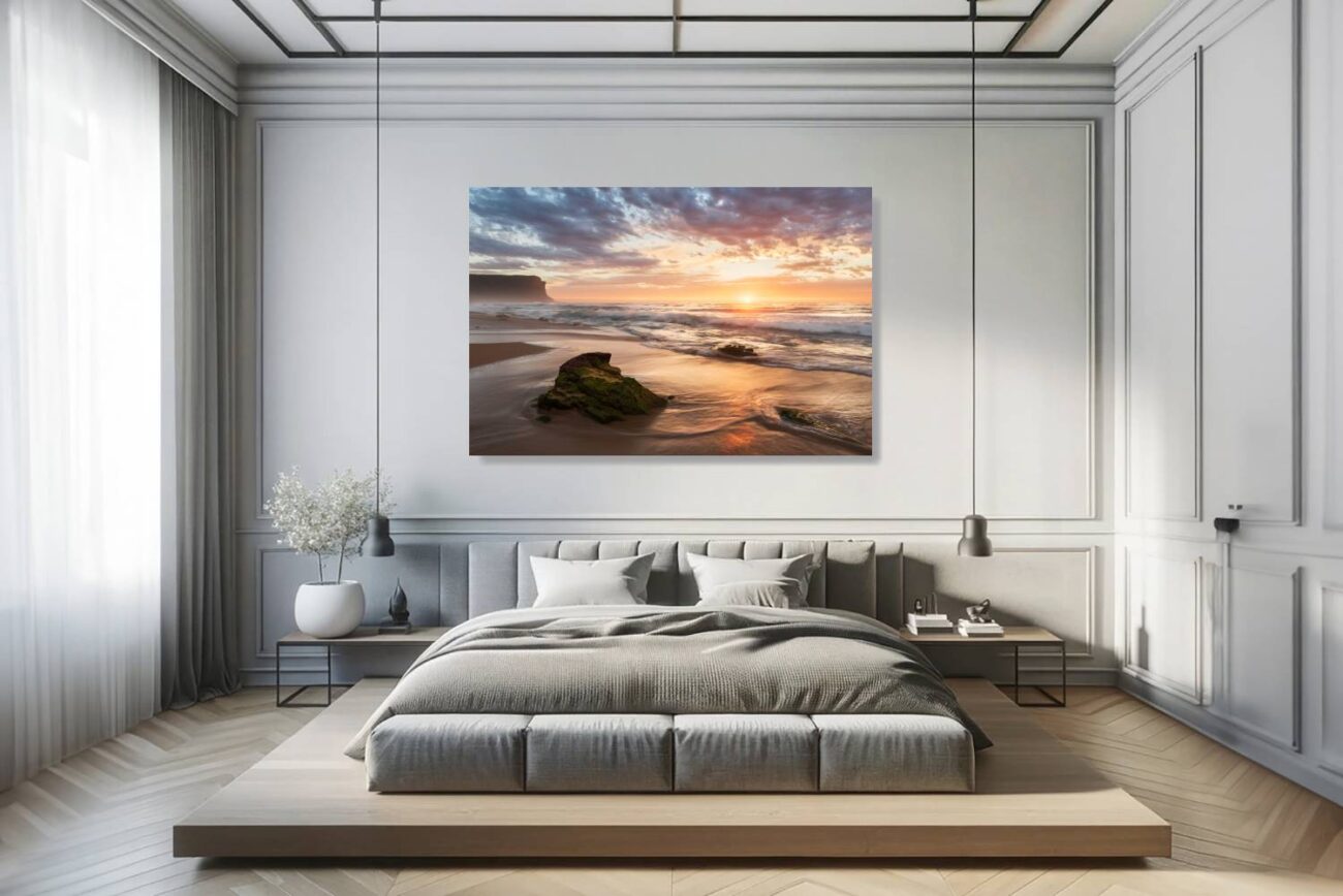 Bedroom art: Radiant beach landscape of Garie Beach under the golden light of sunrise, perfect for peaceful bedroom decor.