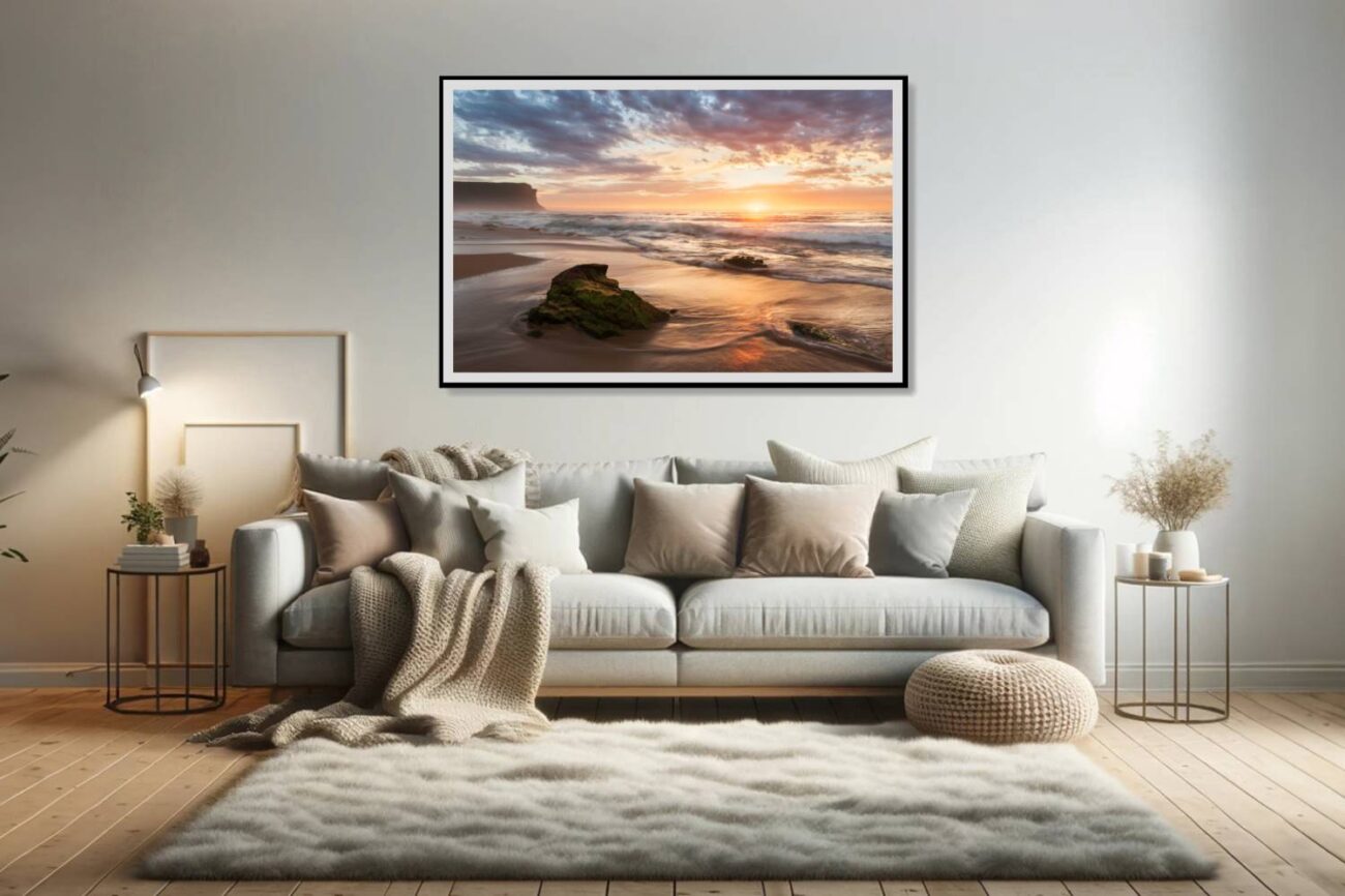 Living room art: Garie Beach bathed in sunrise's golden light, depicted in a radiant beach landscape piece for the living room.