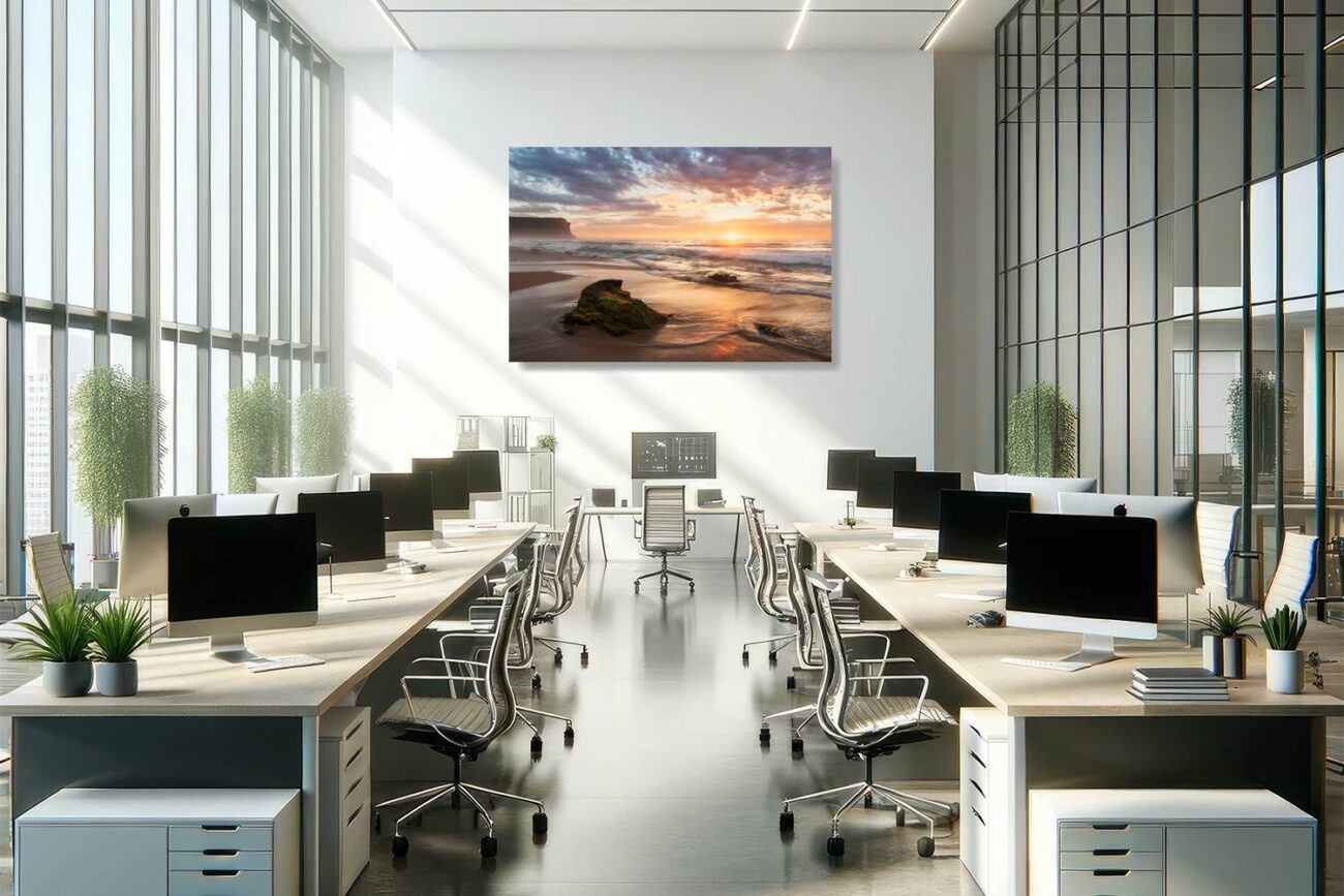 Office art: Golden sunrise at Garie Beach in a radiant beach landscape piece, uplifting office decor.