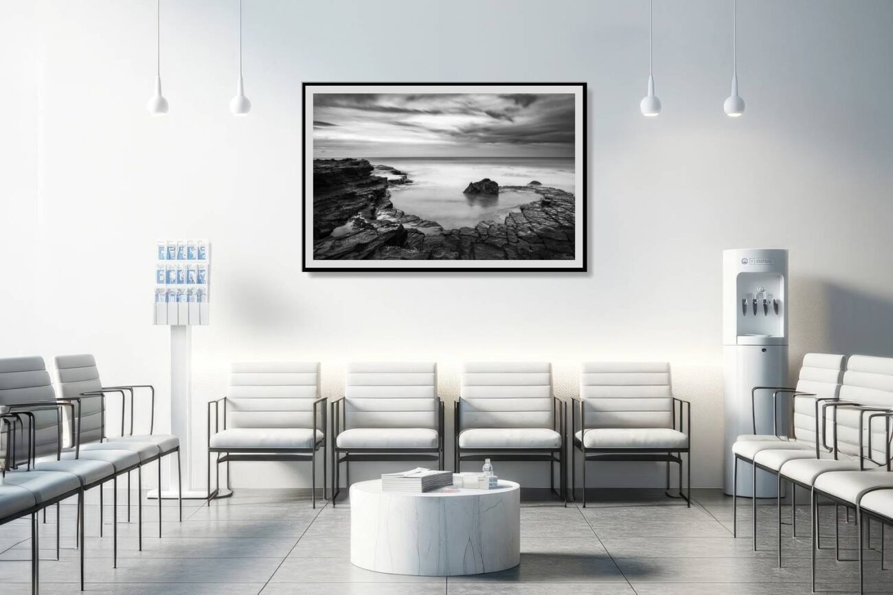 Medical office art: Monochrome art depicting the serene spirals of rocks and waves at Garie Beach, ideal for soothing medical office settings.