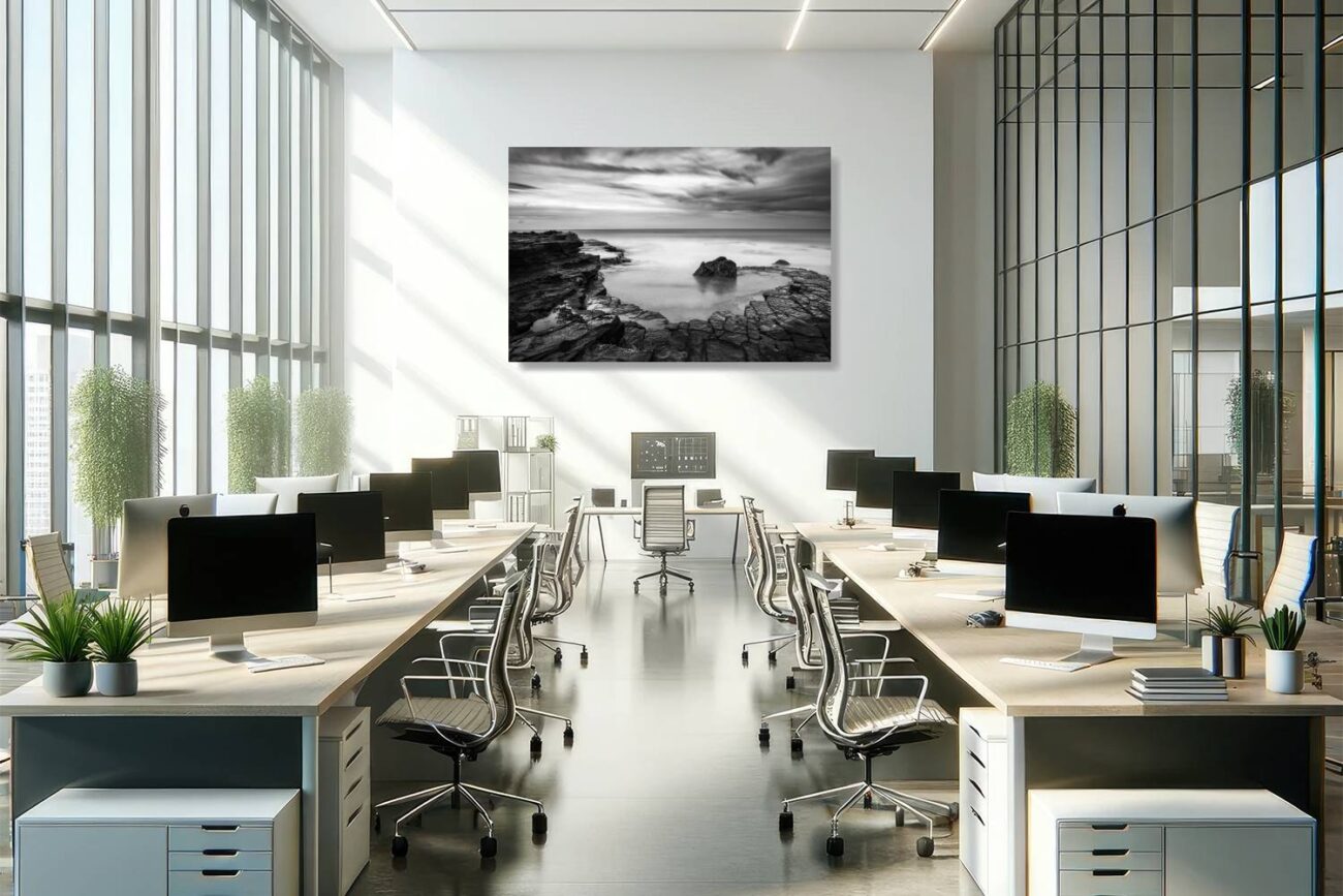 Office art: Tranquil black and white photo of Garie Beach, spiraling rocks and waves in monochrome, enhancing office decor with its zen-like calm.