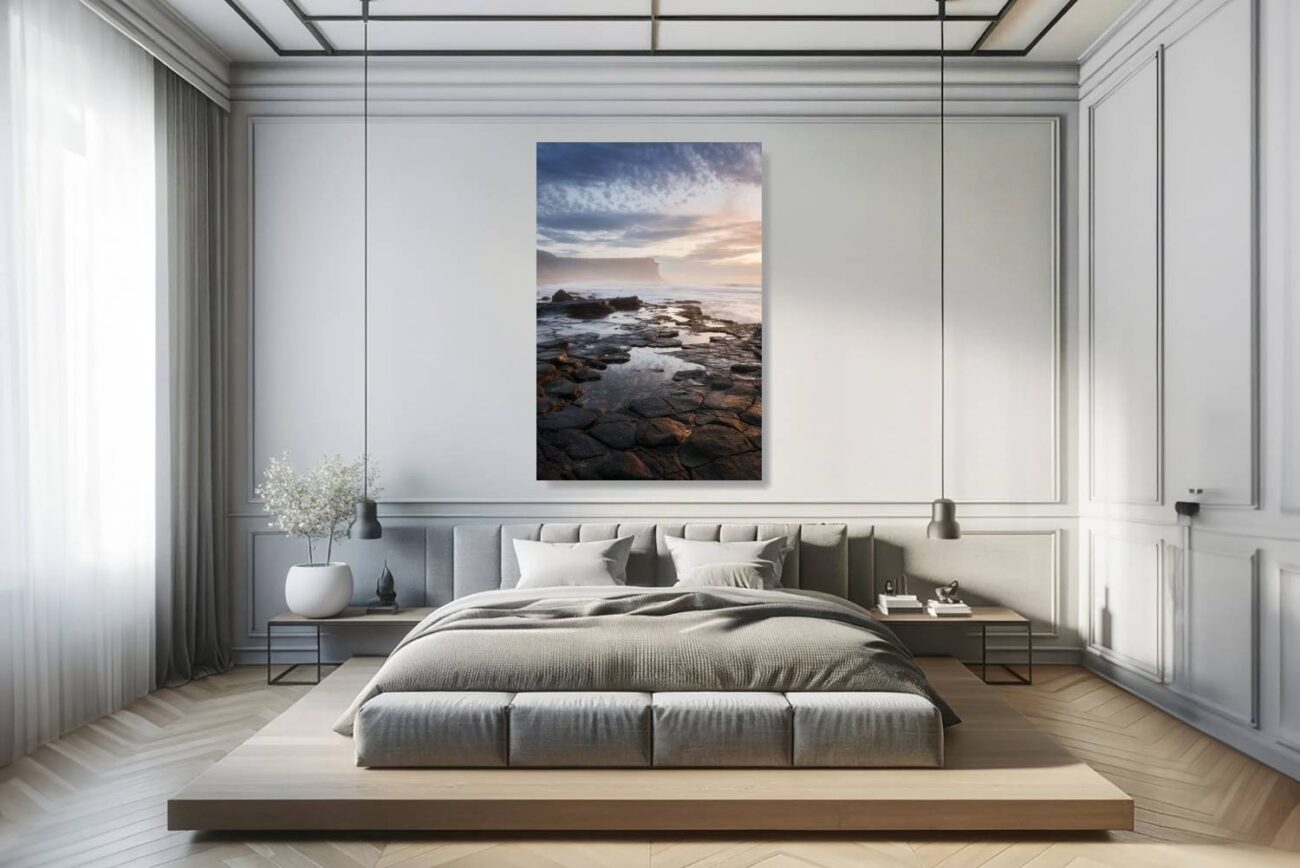 Bedroom art: Golden sunrise over Garie Beach's rocky shore, perfect for serene bedroom coastal decor.