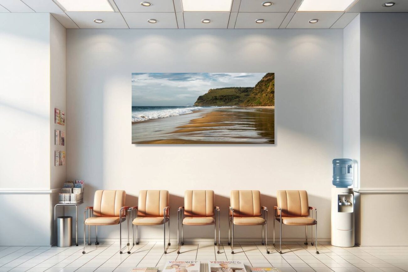 Medical office art: Serene coastal scene at Garie Beach with intricate patterns and clear blue sky, soothing minimalist wall art for medical settings.