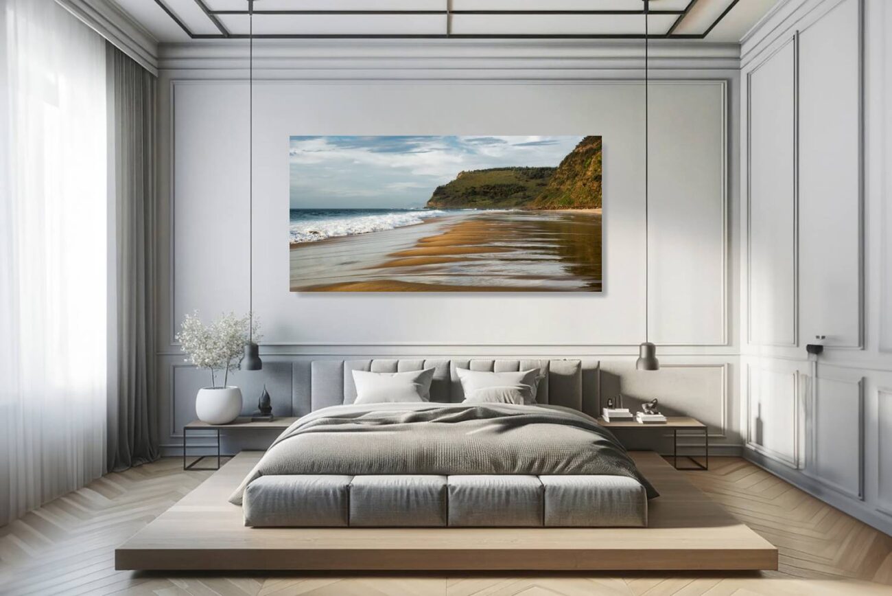Bedroom art: Minimalist coastal wall art of Garie Beach, showcasing intricate shoreline patterns under a blue sky, tranquil for bedroom ambiance.