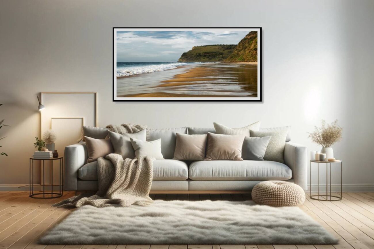 Living room art: Intricate patterns along Garie Beach shoreline under a clear blue sky, perfect as minimalist coastal wall art for the living room.