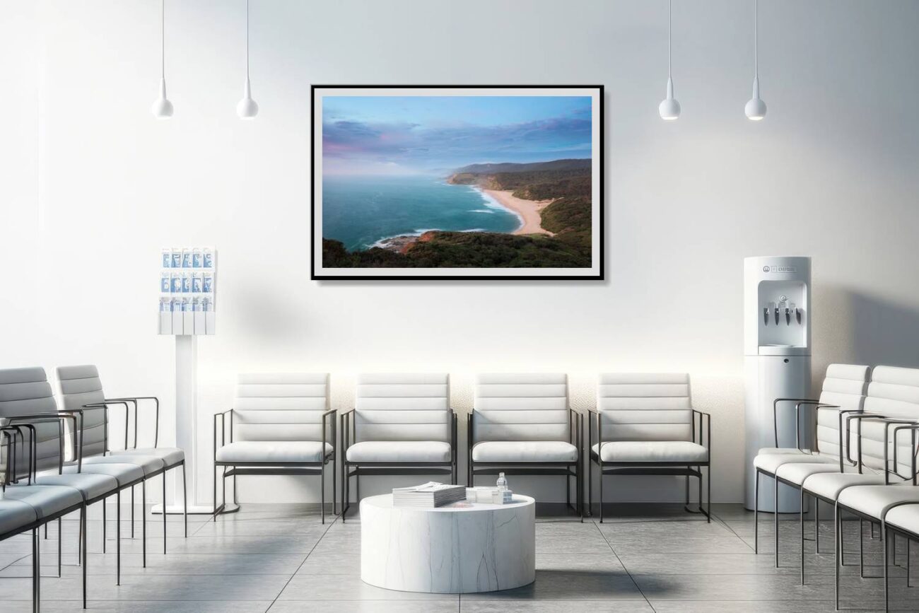 Medical office art: Golden sunrise over Garie Beach in panoramic photography, tranquil and uplifting for medical settings.