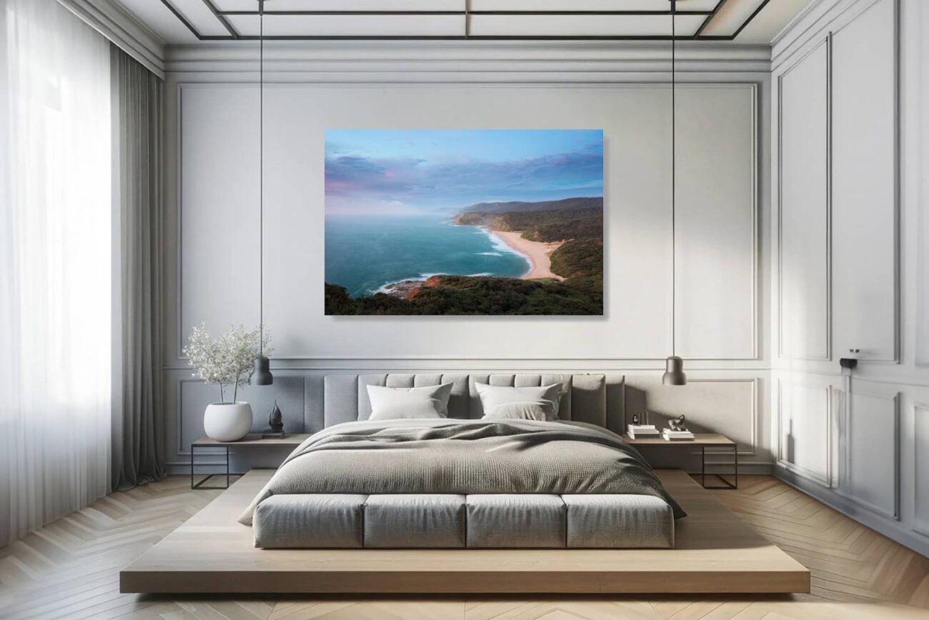 Bedroom art: Panoramic beach photography of Garie Beach at sunrise, golden hues creating a peaceful bedroom scene.