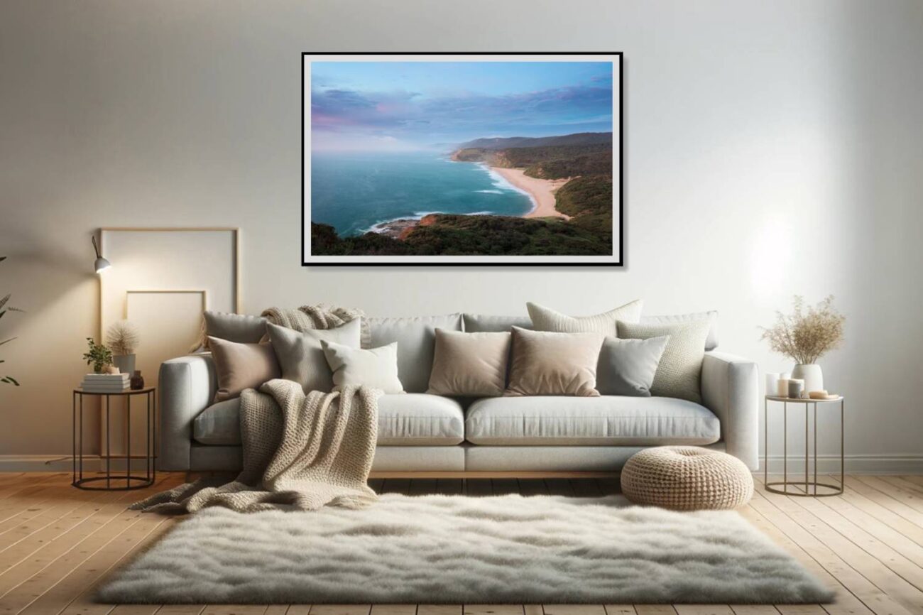 Living room art: Golden glory of sunrise over Garie Beach from above, panoramic beach photography for the living room.