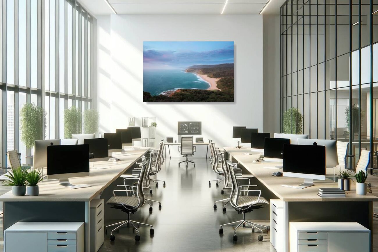 Office art: Panoramic piece capturing the golden sunrise over Garie Beach, inspiring and uplifting office decor.