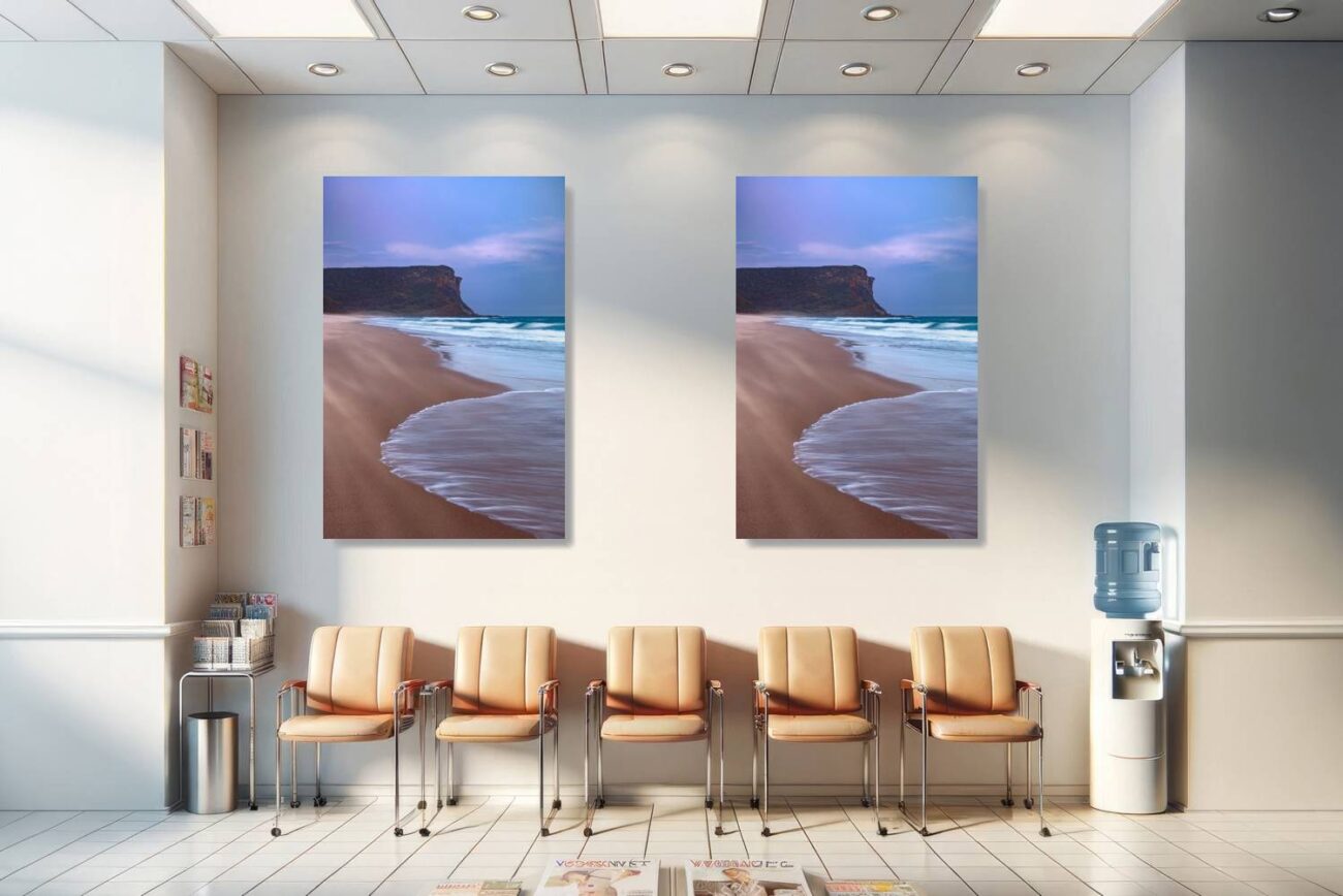 Medical office art: Soft blue skies and gentle waves at Garie Beach sunset, captured in minimalist art, soothing for medical environments.
