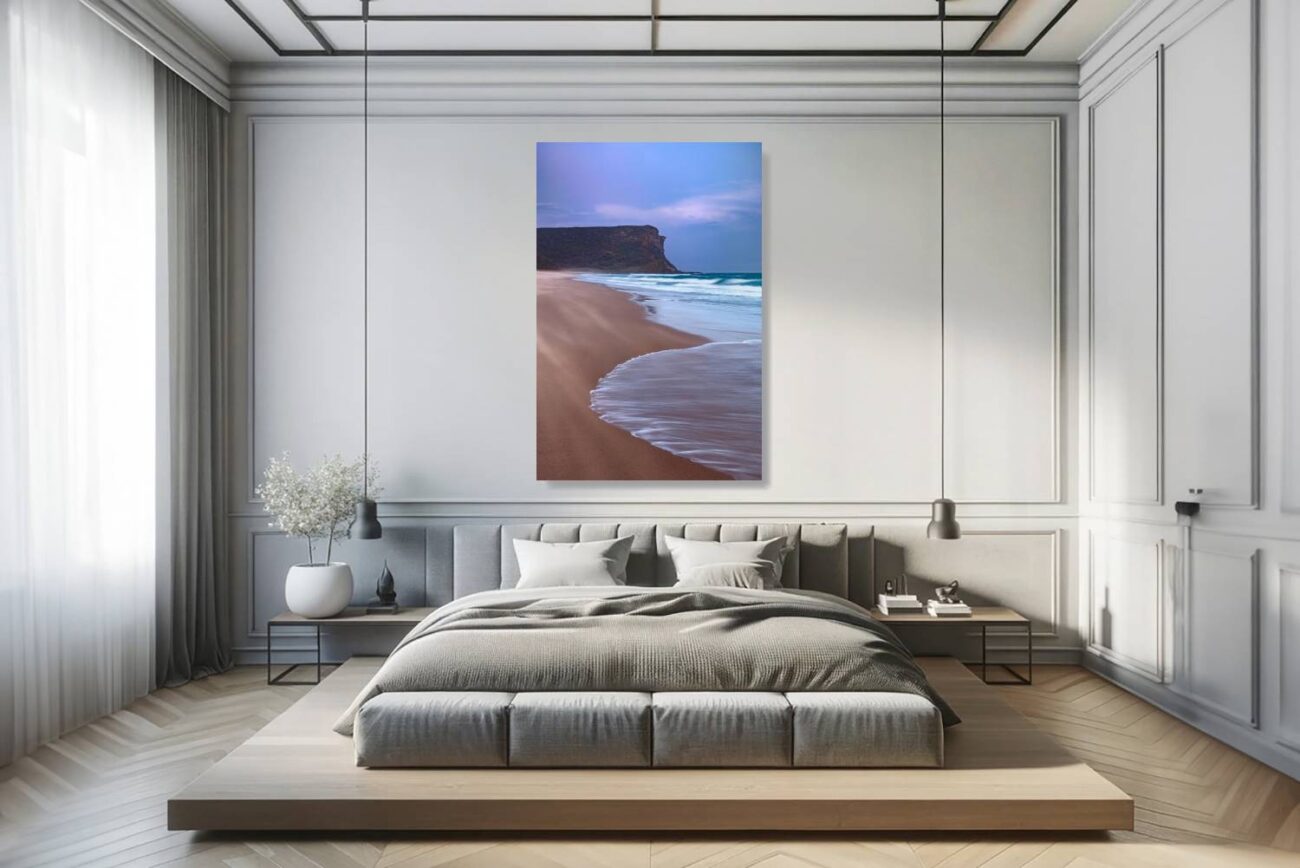 Bedroom art: Tranquil sunset at Garie Beach in minimalist style, soft blue skies and gentle waves, ideal for a peaceful bedroom ambiance.